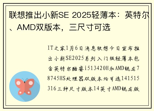 联想推出小新SE 2025轻薄本：英特尔、AMD双版本，三尺寸可选
