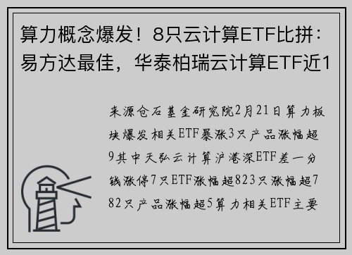 算力概念爆发！8只云计算ETF比拼：易方达最佳，华泰柏瑞云计算ETF近1年输基准3%，广发数据ETF日均成交630万