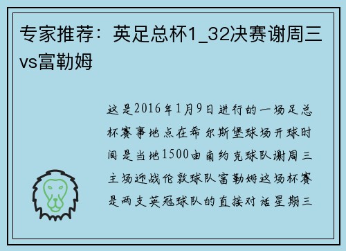 专家推荐：英足总杯1_32决赛谢周三vs富勒姆