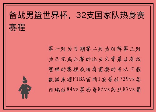 备战男篮世界杯，32支国家队热身赛赛程