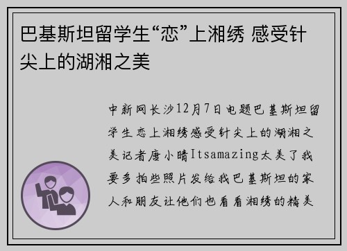 巴基斯坦留学生“恋”上湘绣 感受针尖上的湖湘之美